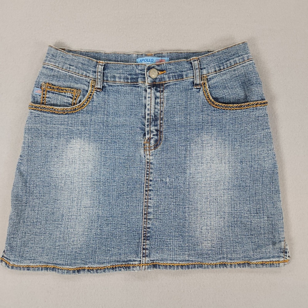 Vintage Y2K Apollo Jean Mini Skirt Womens Sz M Denim Embroidered Grunge
